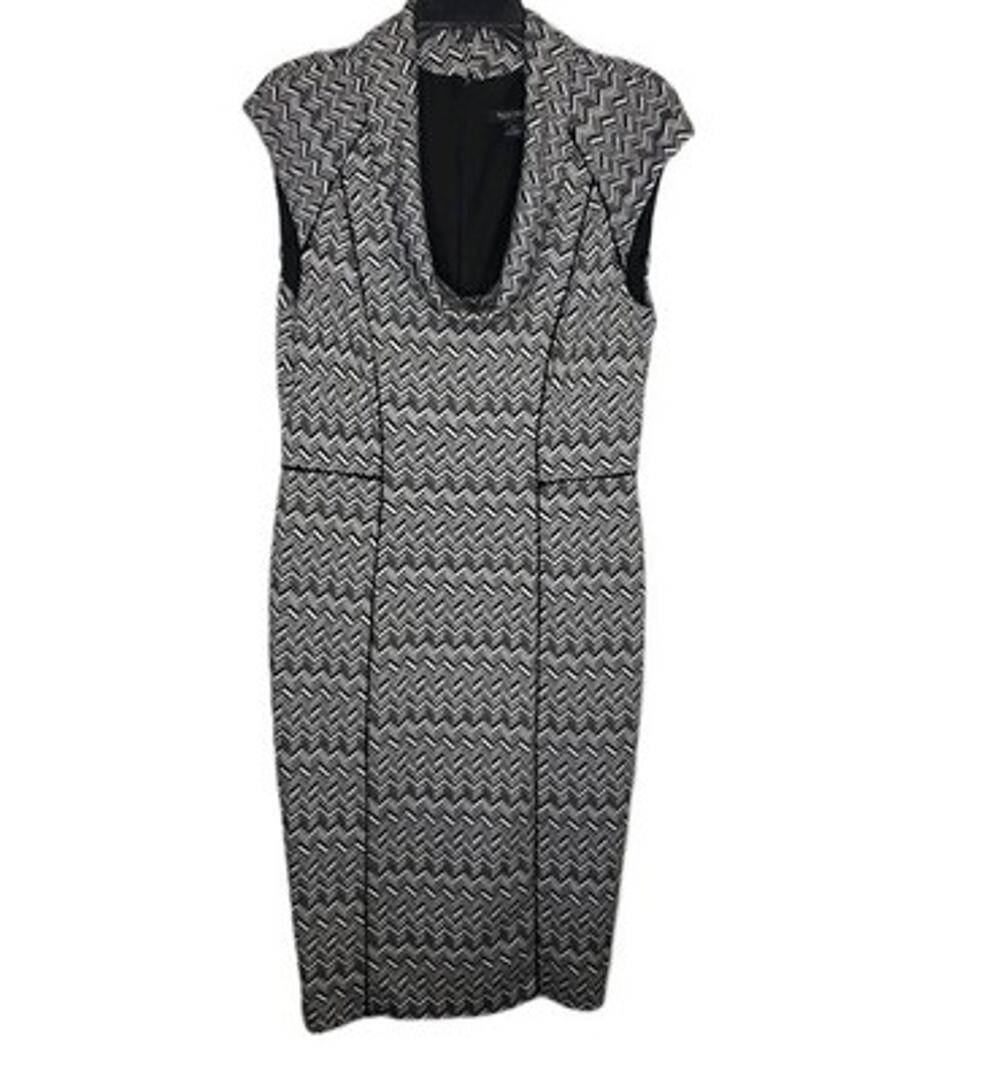 White House Black Market Womens SZ 12 Knit Sheath Dress Black White Cap Lined